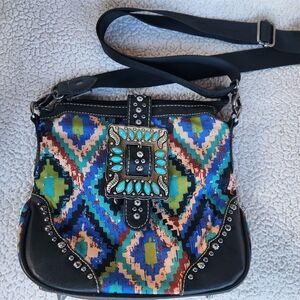 Montana West Crossbody Bag Aztec Western Print With Large Ornate Buckle